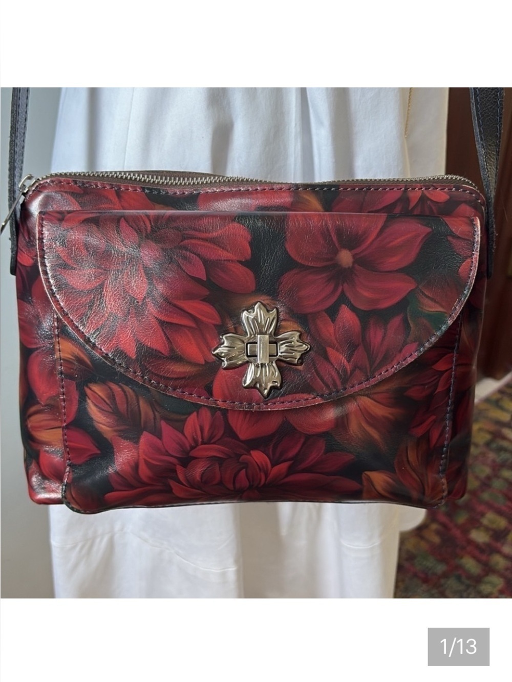 Patricia Nash  Crossbody bag  smooth leather floral pattern  red orange on black